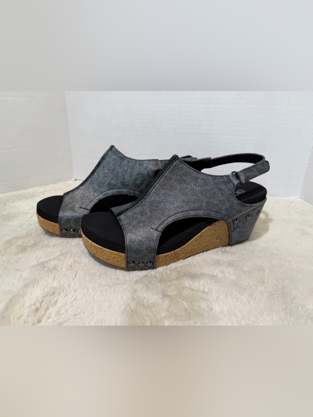 CARLEY by Corkys size 8 dk gray shimmer cheetah print wedges